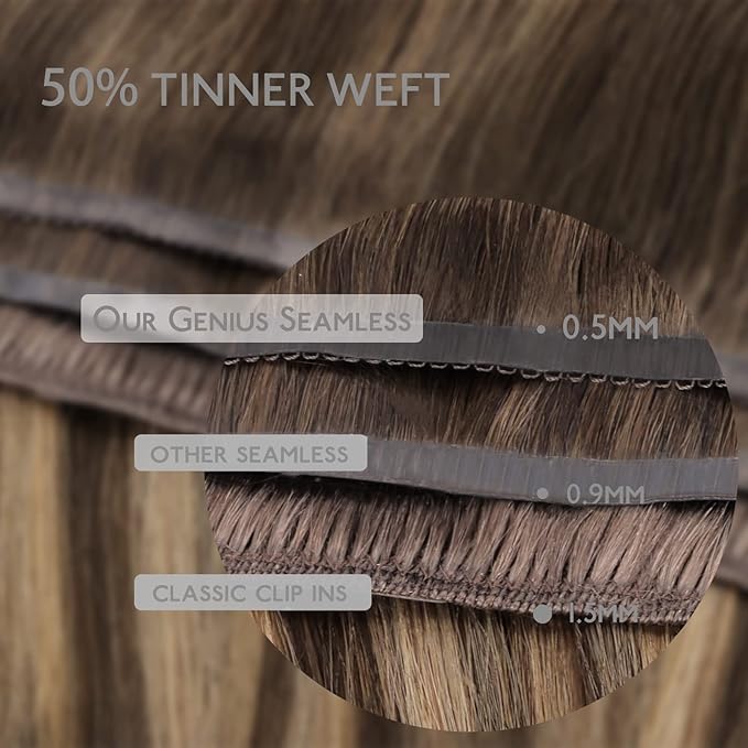 WENNALIFE Lace Seamless Clip in Hair Extensions Human Hair 7pcs Ultra Invisible 50% Thinner Seamless Clip Ins Balayage Chocolate Brown to Honey Blonde Natural Remy Hair 20 inch