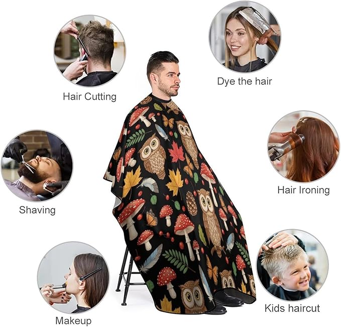 Men Women Adults Floral Owls Fall Leaves Mushroom Hair Dressing Gown Cape, Extra Large Hairdressing Apron for Barber Salon, Easy Clean
