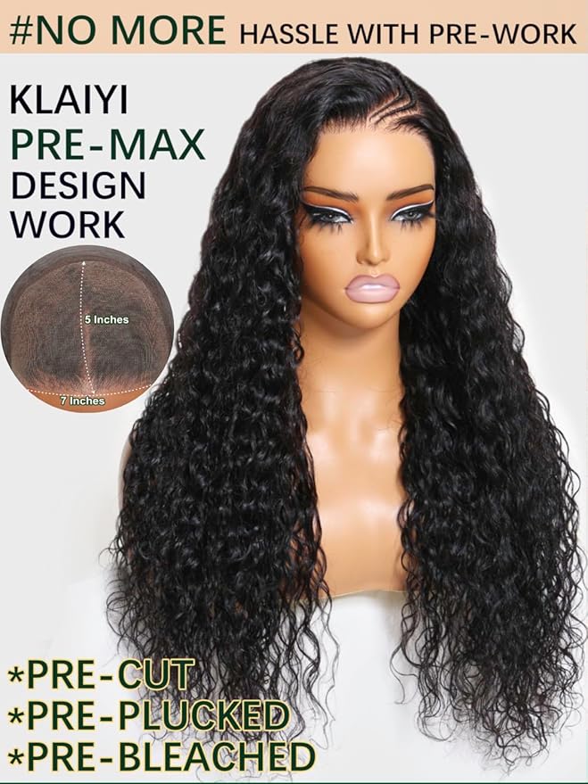 KLAIYI Bye Bye Knots Glueless Wig Pre Cut Water Wave HD Lace Front Wigs Human Hair Pre Bleached Pre Plucked Ready to Go Wigs for Women 30S Easy to Wear Put On and Go Curly Wig Beginner Friendly 16Inch