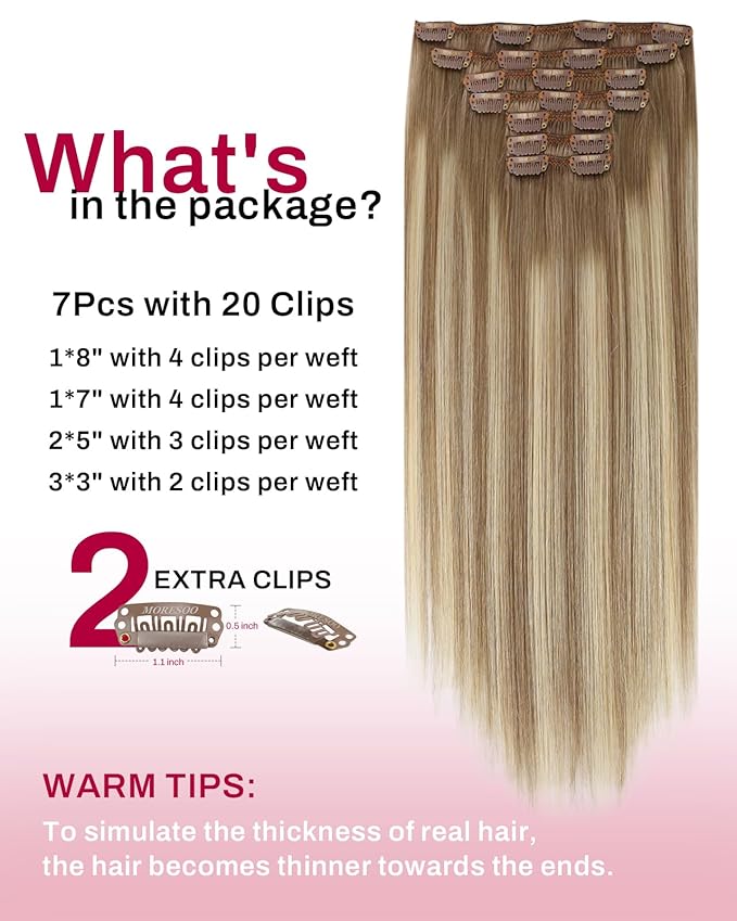 Moresoo Blonde Balayage Clip in Hair Extensions Light Brown to Medium Blonde Ombre Thick Hair Extensions Clip ins Long And Straight Real Human Hair Can Style for Wedding 150g/7pcs 24inch