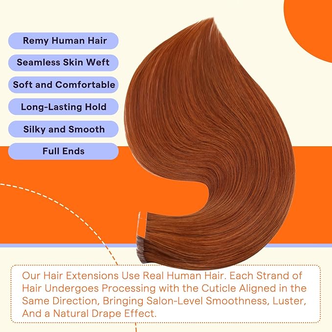 Full Shine Tape in Hair Extensions Human Hair Color 550 Copper 10 Inch Invisible Double Sided Tape Ins Human Hair Extensions 30Grams Straight Remy Seamless Skin Weft Extensions 20PCS for Party
