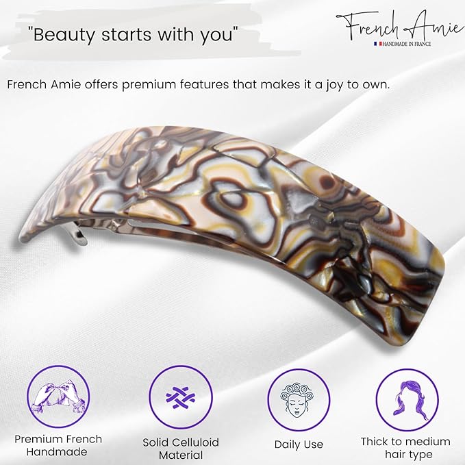 French Amie Curved Onyx Large 3 ¾” Handmade Celluloid Automatic Volume Hair Clip Barrette (Onyx Silver Grey)