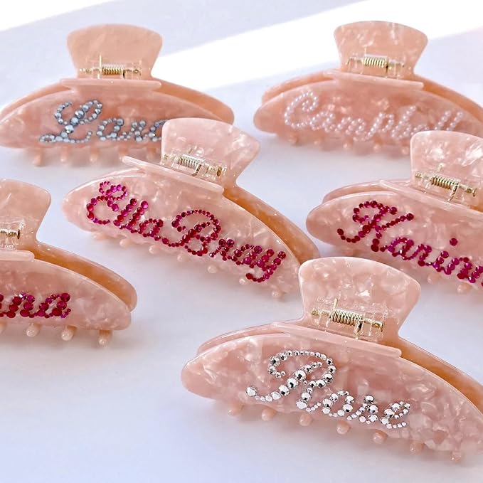 Personalized Colorful Name Hair Claw Clips for Women,Custom Hair Clips with Diamond,Cute Hair Accessories 4",Handmade Rhinestones Hair Clamp Gifts for Mom,Bride,Wife,Bridesmaid,Couples（Shell Pink）