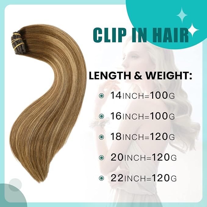 SURNEL Clip in Extensions Human Hair Balayage Chocolate Brown to Caramel Blonde Clip in Hair Extensions 18 Inch 6pcs 120g Hair(#4/27/4,18'')