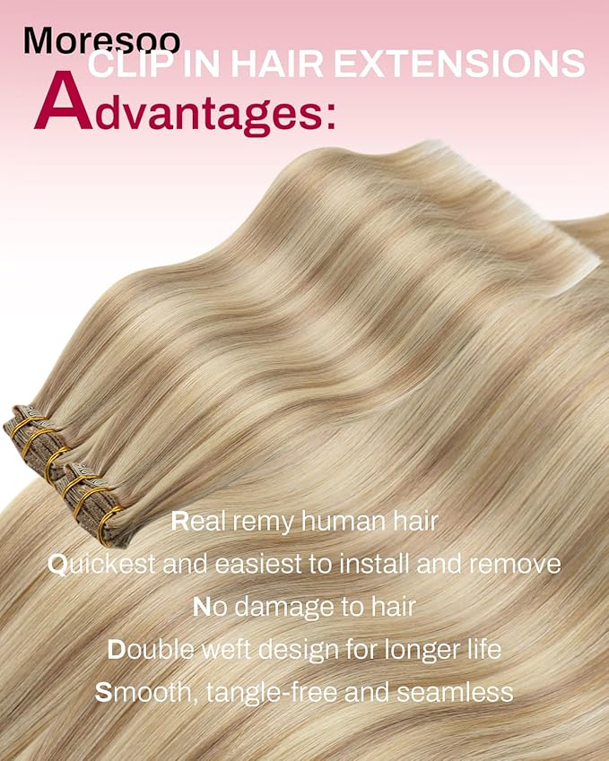 Moresoo Seamless Hair Extensions Clip in Human Hair Dark Ash Blonde with Golden Blonde Remy Clip in Hair Extensions Blonde Highlight 7pcs/120g 20inch