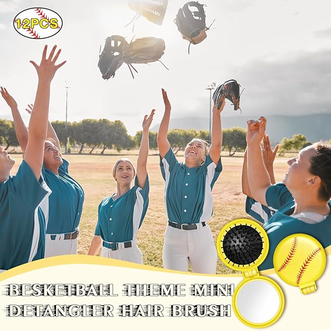 12 Pcs Softball Mini Detangler Brush, Folding Mirror Hair Brushes, Mini Travel Hair Brush, No Tangle Soft Flexible Bristles for Straight, Curly, Thick Hair for Softball Team Gift Sport Party