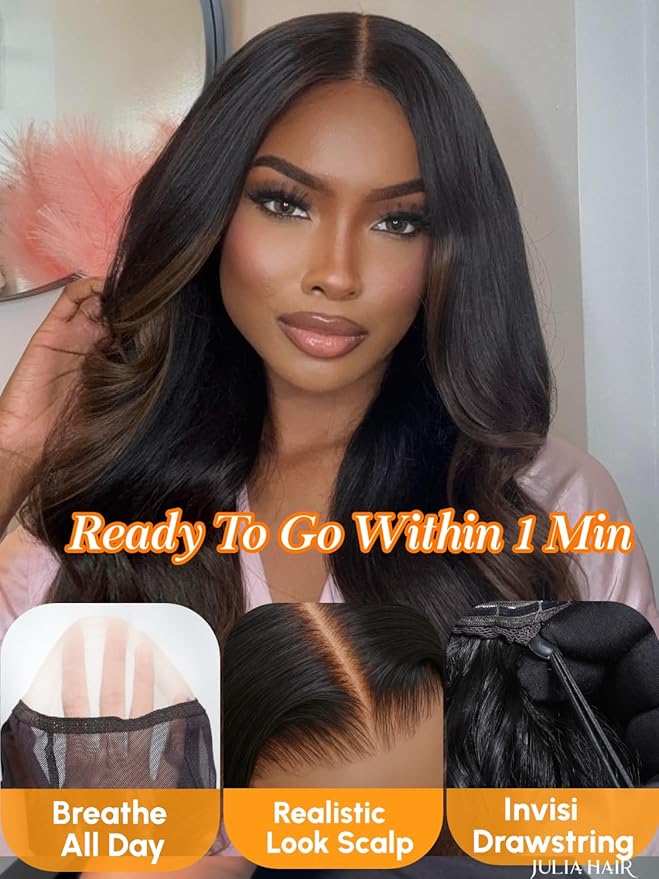 Julia Hair Chestnut Brown Ombre Yaki Straight 7x5 Pre Cut HD Lace Put On and Go Wig Bye Bye Knots Glueless Human Hair Wigs with Invisi Drawstring Pre Plucked Bleached Knots Beginner Friendly 24 Inch