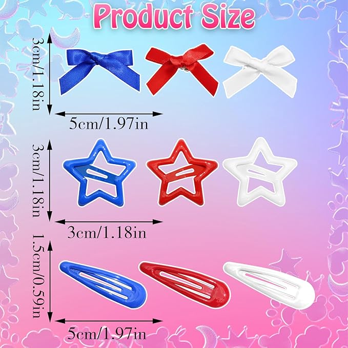 36Pcs 4th of July Red Blue White Bow Hair Clips Cheer Star Snap Hair Barrettes Water Drop No Slip Hair Clips for Women Small Hair Bows Star Bowknot Hair Accessories for Girls