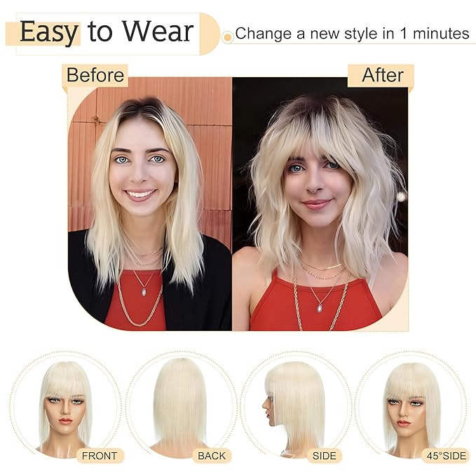SEGO Hair Toppers for Women Real Human Hair With Bangs, 7 * 13CM Silk Base 100% Remy Human Hair Clip in Top Wiglet Hairpieces Add Volume -12 Inch 60 Platinum Blonde