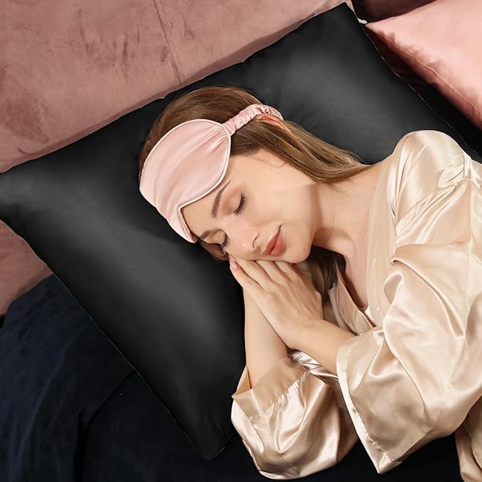 Adubor Silk Pillowcase 2 Pack for Hair and Skin with Hidden Zipper, Both Sides 23 Momme Silk Pillow Case (Black, Standard: 20''x26'')
