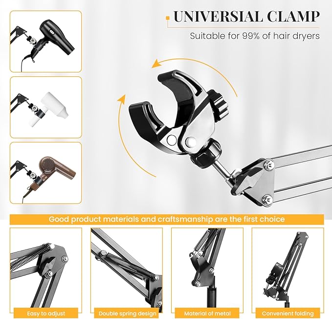 INNOLIFE Hands Free Hair Dryer Stand - Adjustable Height, 360° Rotating with Heavy Base for Hands-Free Drying