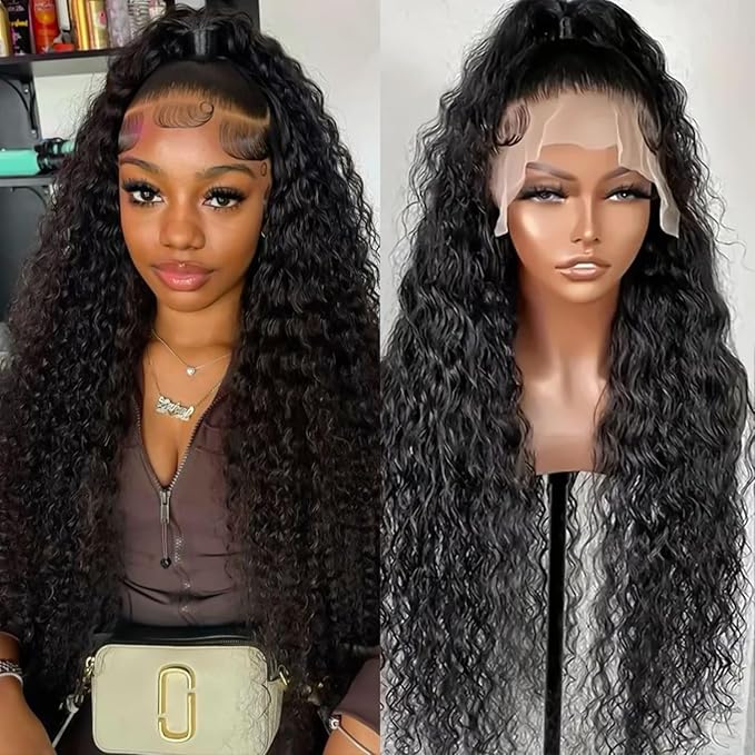 360 Glueless Drawstring Wig Human Hair 32 Inch Pre Plucked Hidden Strap 360 Water Wave Lace Front Wigs,180% Density Curly Wet and Wavy HD Full 360 Lace Frontal Human Hair Wig