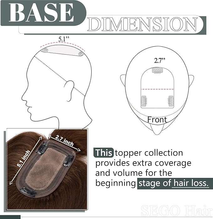 SEGO Hair Toppers for Women Real Human Hair with Thinning Hair, Toppers Hair Pieces Clip in Toppers Straight Hair Pieces with Front Bangs 150% Density Silk Base -10 Inch #4 Medium Brown