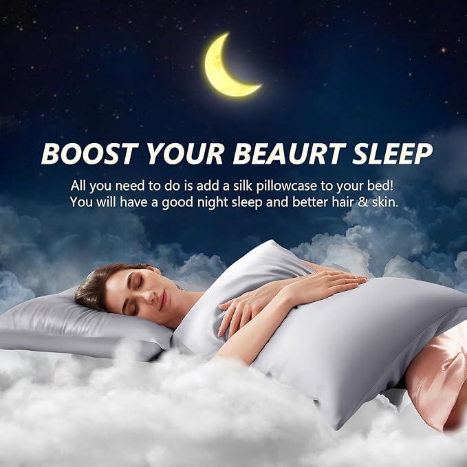 Silk Pillow Cases 2 Pack King Size Mulberry Silk Pillowcase Set of 2 for Hair & Skin 36 x 20 Inches 22 Momme Both Sided Grade 6A Silk Soft Breathable Cooling with Hidden Zipper, Grey