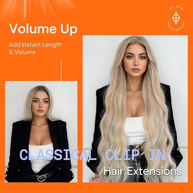 Full Shine Clip in Highlight Human Hair Ash Blonde Real Hair Clip in Extensions Blonde Remy Brazilian Seamless Hair Extensions Double Weft 7 Pcs 24 Inch 120 G