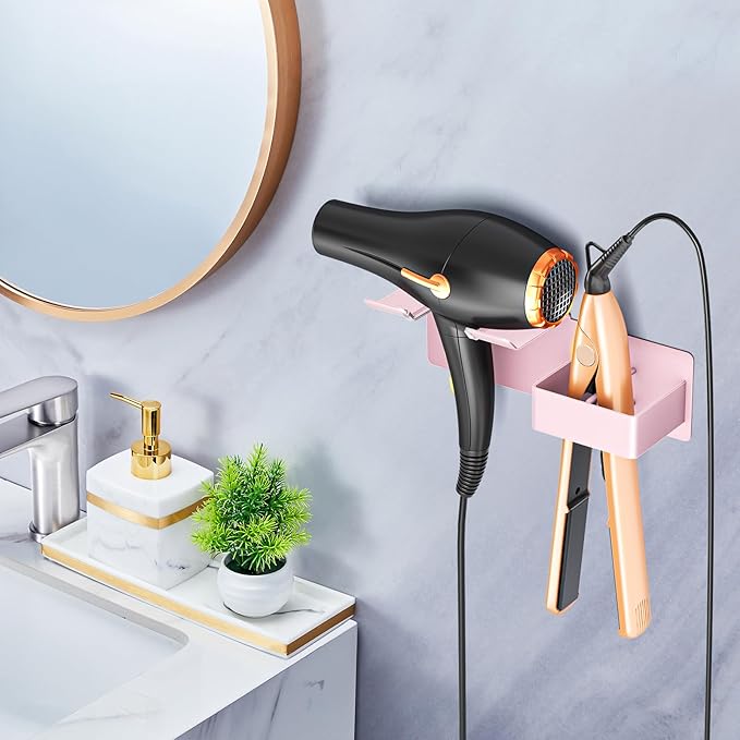 Hair Dryer Holder Wall Mounted, Hair Straightener Holder Metal, Adhesive Blow Dryer and Hair Straightener Holder, Bathroom Bedroom Hair Tool Organizer for Flat Iron,Curling Iron,Hairdryer