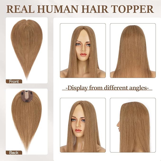 Rich Choices Hair Toppers for Women Real Human Hair 100% Human Remy Toppers NO Bangs for Women with Thinning on Top Clip in Hairpiece 4"x4.7"Lace Base 18 Inch #6 Light Brown