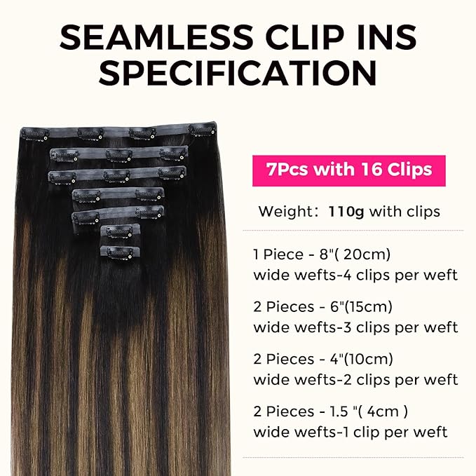 Lashey Seamless Clip in Hair Extensions Human Hair Light Yaki Natural Black Mixed Chestnut Brown 16 Inch 7pcs 110g Real Human Hair Clip ins for Black Women