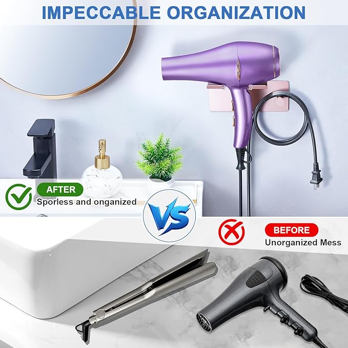 Hair Dryer Holder Wall Mounted, Blow Dryer Holder Adhesive, Metal Hairdryer Holder for Bathroom, Hair Tool Organizer with Plug&Cord for Cabinet Bathroom Bedroom Barber Shops
