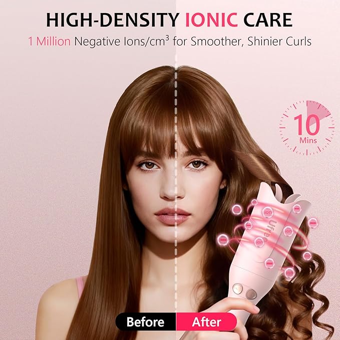 Ufree Automatic Rotating Curling Iron, 1 Inch Ceramic Curling Wand, 1-Click Hair Curler with 3 Heat & Timers, Anti-Scald Design, 1M Ionic Care, Dual Voltage for Travel Beach Waves, Pink