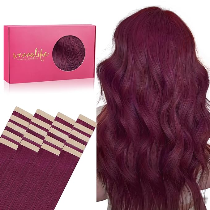 WENNALIFE Tape in Hair Extensions Human Hair, 20pcs 30g 10 inch Light Burgundy Remy Hair Extensions Straight Human Hair Tape in Extensions Skin Weft Tape Extensions Human Hair