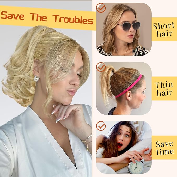 KooKaStyle Ponytail Extension, 10" Short Claw Clip in Pony Tails Hair Extensions Curly Wavy Synthetic Drawstring Hairpieces for Women(Light Ash Blonde)