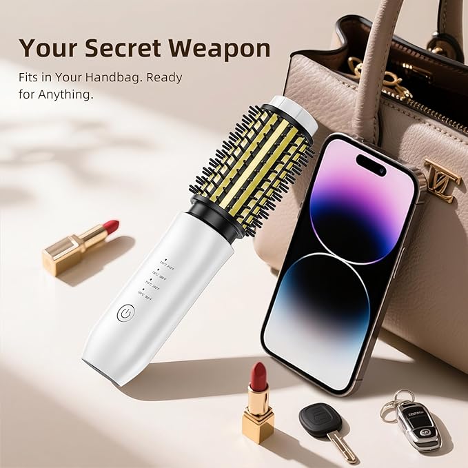 CARESKY® Cordless Curling Iron Brush, 1.5 Inch Mini Travel Hair Curler with 200 Million Negative Ions, Portable Heated Round Straightener Brush Rechargeable for Curl, Touch-Up, De-Frizz, Styling