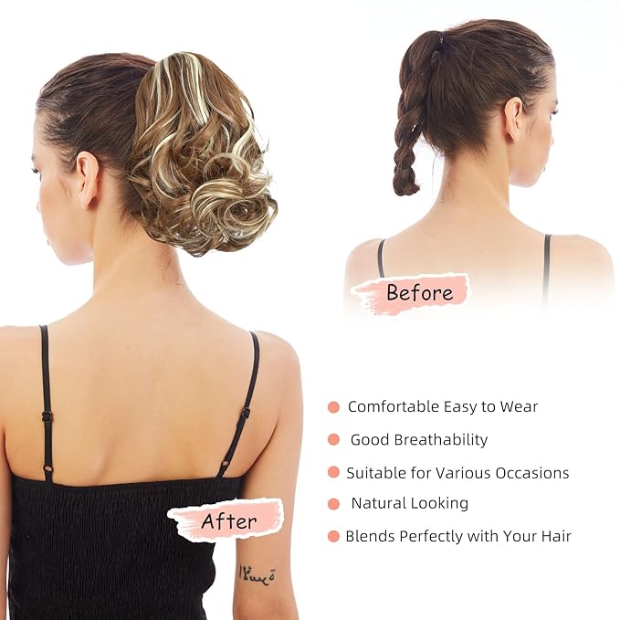 Ponytail Extension, Clip on Ponytails for Women, 9" Claw Clip in Short Curly Wavy Pony Hair Extension for Women - Medium Brown with Blonde Highlights