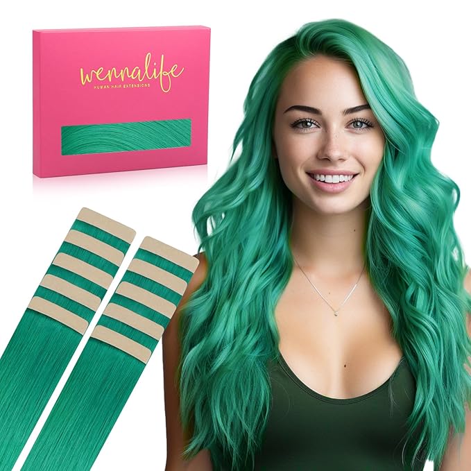 WENNALIFE Tape in Hair Extensions Human Hair Green Tape in Extensions, 10pcs 30g 22 inch Remy Invisible Tape Ins Straight Colored Soft Real Human Hair Tape in Extensions Refill Set Extensions