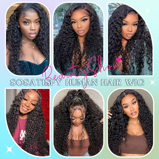 SOSATISFY 28 Inch 13x6 Deep Wave Lace Front Wigs Human Hair 200 Density HD Transparent Lace Frontal Curly Wigs for Women Glueless Curly Wigs Pre Plucked with Baby Hair Natural Color