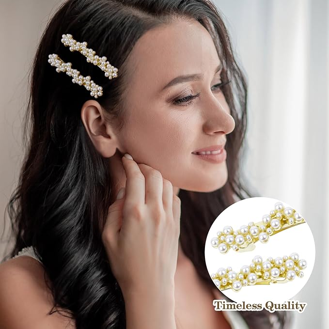 2 Pcs Pearl Hair Clip, Gold Hair Barrettes, Elegant Pearl Barrette, Small Decorative Pearls Hair Clips for Women Thick Thin Hair Party Wedding (Gold)