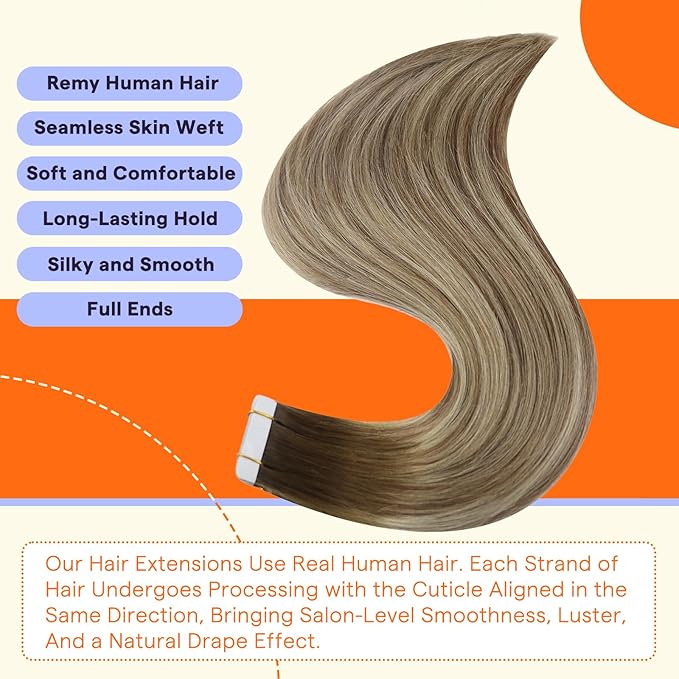 Full Shine Tape in Extensions Human Hair 12 Inch Balayage Color 3/8/22 Dark Brown Fading to Brown and Blonde Invisible Seamless Skin Weft Remy Hair Extensions Real Human Hair Tape in 20PCS 30 Grams