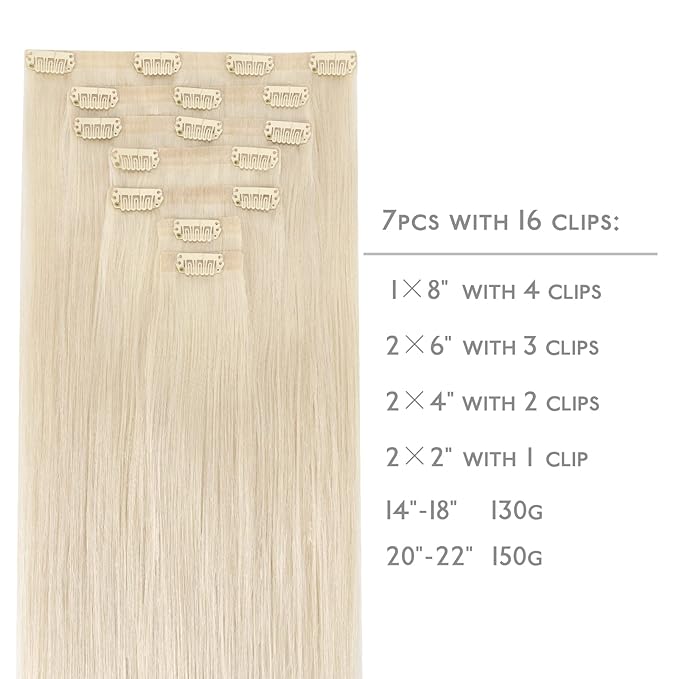WENNALIFE Seamless Clip In Hair Extensions Human Hair, 22 Inch 150g 7pcs Platinum Blonde Real Hair Extensions Clip in Human Hair Invisible PU Skin Weft Natural Remy Human Hair Extensions
