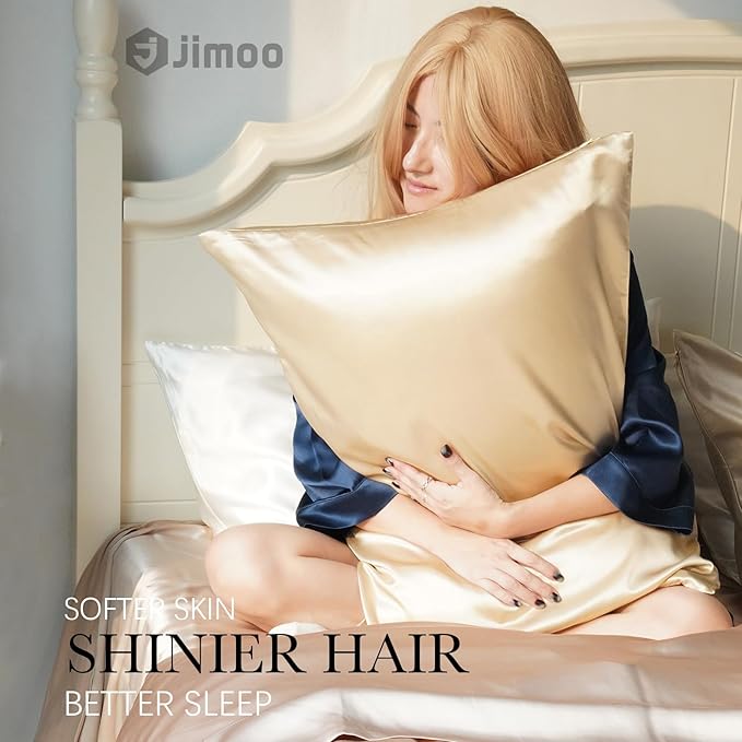 J JIMOO 100% Mulberry Silk Pillowcase for Hair and Skin, 22 Momme Pure Natural Silk Pillow Case Both Sided with Zipper, Pillow Cover for Women Mom Men (Beige, Queen 20''×30'', 2 Pack)