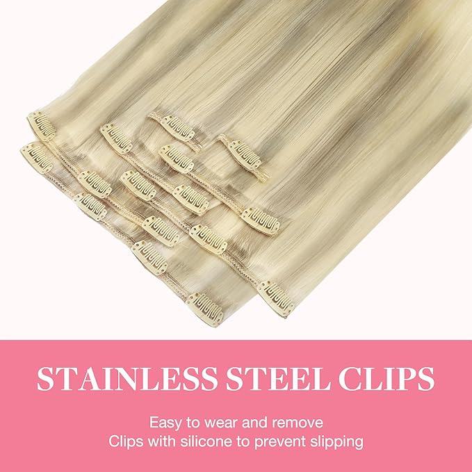 GOO GOO Clip in Hair Extensions Real Human Hair, Remy Human Hair Extensions Clip ins for Women, Natural Human Hair, 18inch 120g 7Pcs, Ash Blonde to Platinum Blonde