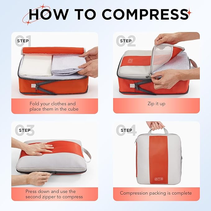 10 Set Compression Packing Cubes for Travel Essentials,Compressible Expandable Packing Cubes for Suitcase,OlarHike Luggage Organizer Bags for Travel,Handy Helper for Organizing Clothes(Orange)