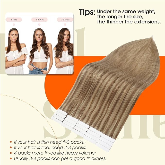 Full Shine Human Hair Tape in Extensions Color 10 Golden Brown Ombre 16 Golden Blonde Highlight 16 Blonde Seamless Invisible Tape in Hair Extensions Soft Skin Weft 16Inch 50Gram 20Pcs