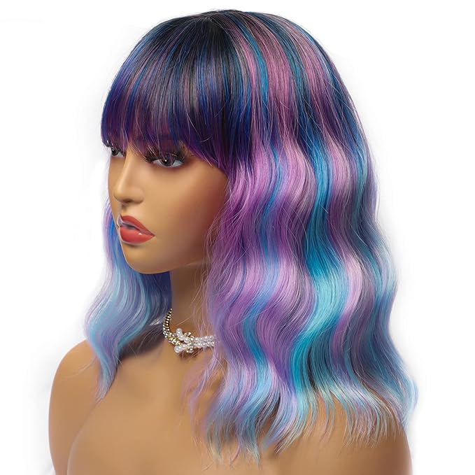LANICE Short Bob Wigs with Bangs for Women Loose Wavy Hair Shoulder Length Colorful Mixed Wigs Synthetic Colorful Wigs for Cosplay Daily PartyUse(Colorful Mixed,12inch)
