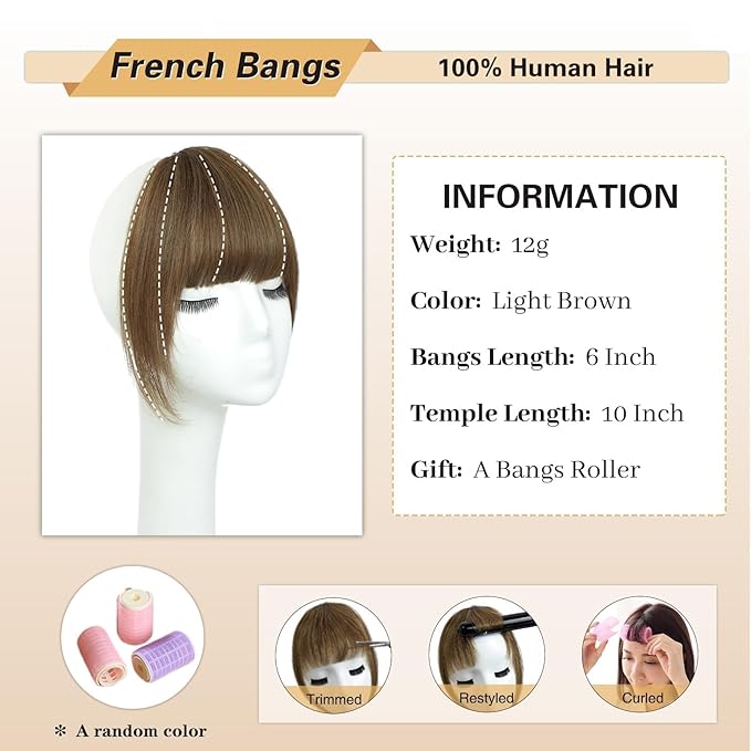 NAYOO Bangs Hair Clip - Light Brown Fake Bangs 100% Real Human Hair Extensions French Bangs for Women Fringe with Temples Hairpieces Curved Bangs for Daily Wear(Light Brown, French Bangs)
