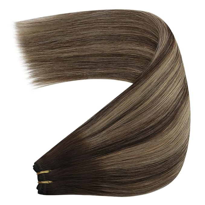 YoungSee 100g Weft Hair Extensions Human Hair Brown Balayage Sew in Hair Extensions Real Human Hair Dark Brown Mix Caramel Blonde Balayage Short Human Hair Weft Extensions 14In