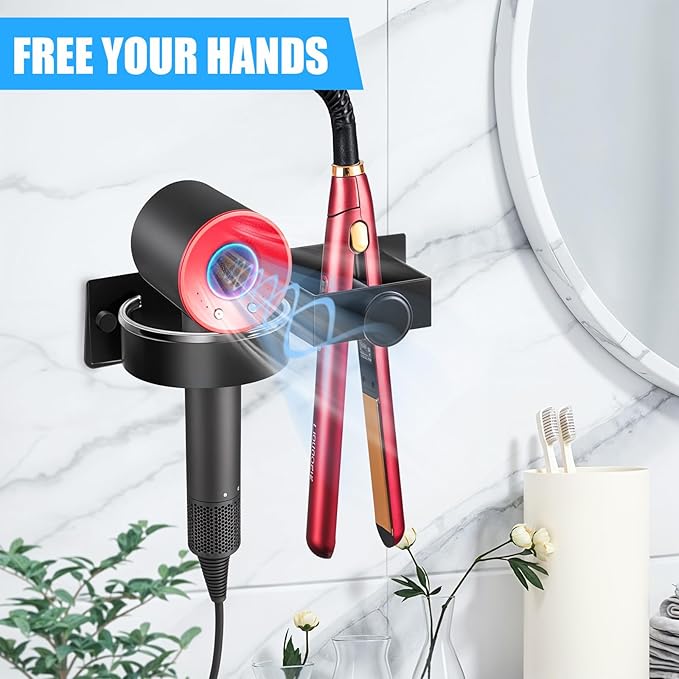 Hair Straightener Holder Wall, Thickened Blow Dryer Holder Wall Mounted Stainless Steel Hairdryer Holder for Bathroom, Hair Tools Organizer & Storage Curling Iron Holder (Black)