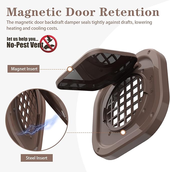 Dryer Vent Cover Outside 4 inch, Magnetic Door Design, Durable Airflow Vent with Lint Trap Screen, Thickened Material, 7 inch x 7 inch Size, Brown