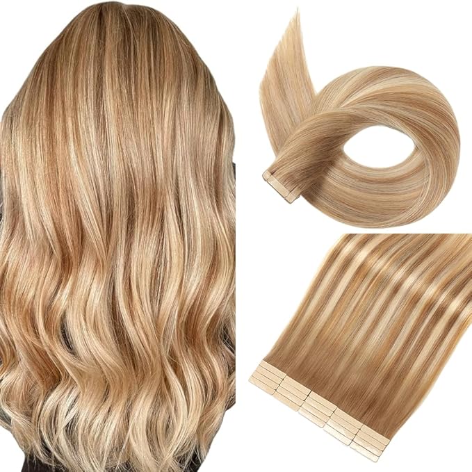 Tape in Hair Extensions Real Human Hair 24 Inch Middle Brown Highlight with Dark Blonde Tape for Skin Weft Hair Extension Invisible Tape in Hair Extensions Straight Remy Human Hair for Women 20pcs