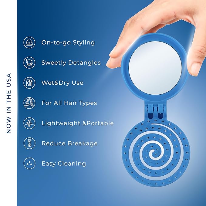 Mini Detangler Travel Hair Brush with Mirror, Makaron Hair Brushes for Women, Men and Kids, Unique 3D Flexible Design for All Hair Types, Styling Accessory, Travel Essentials for Women (DARK BLUE)