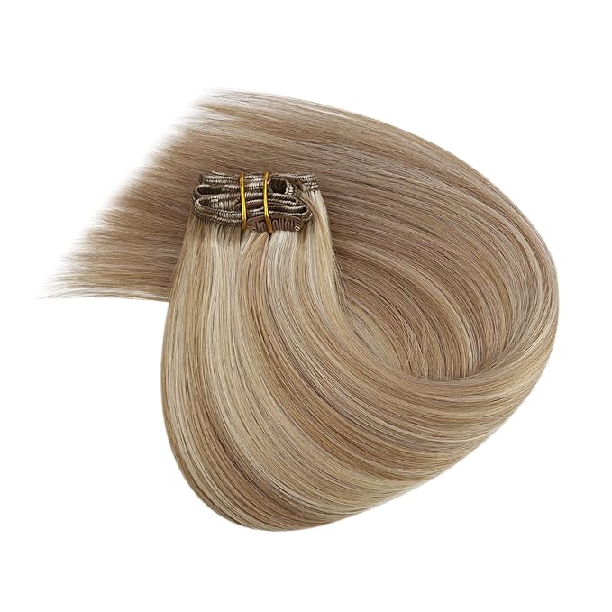 Ve Sunny Clip in Hair Extensions Highlights Human Hair Clip in Extensions Dark Ash Blonde Highlights Light Blonde Hair Extensions Clip ins Short Straight Flexible Hair for Women 7pcs 14inch 100g