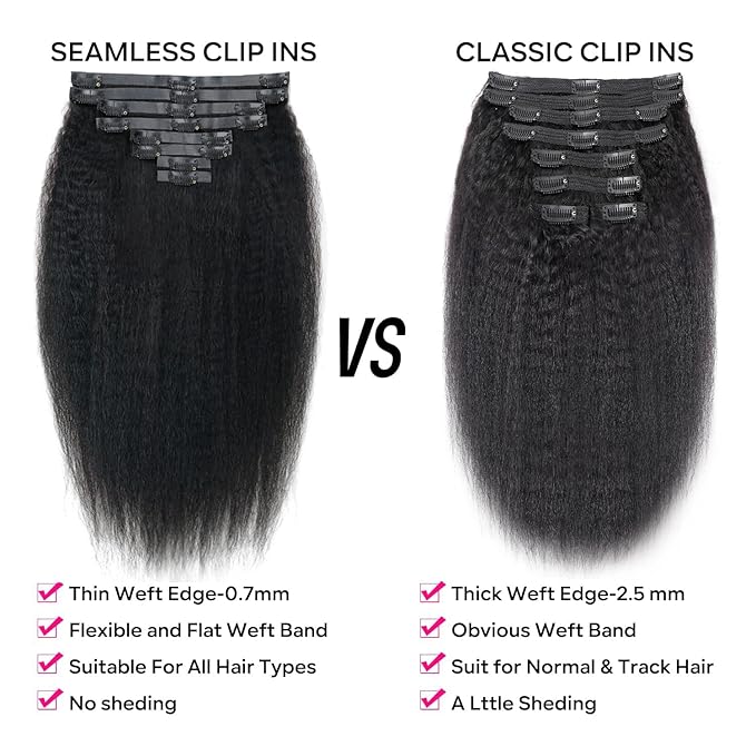 Seamless Kinky Straight Clip in Hair Extensions for Black Women Brazilian Virgin Human Hair Extensions 8Pcs Seamless Clip ins Human Hair with 18Clips Invisible PU Skin Weft 120g 18inch Natural Black