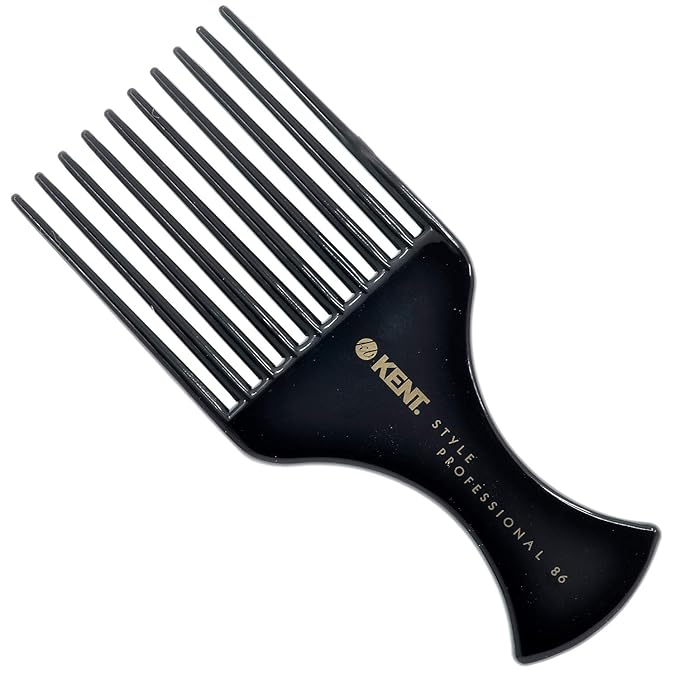 Kent SPC86 Black Salon-Style Professional Pick and Barber Comb - Afro Parting Comb for the Care of Curly and Thick Hair - Sleek style comb,Anti-Fatigue with a Rubberized Professional Finish