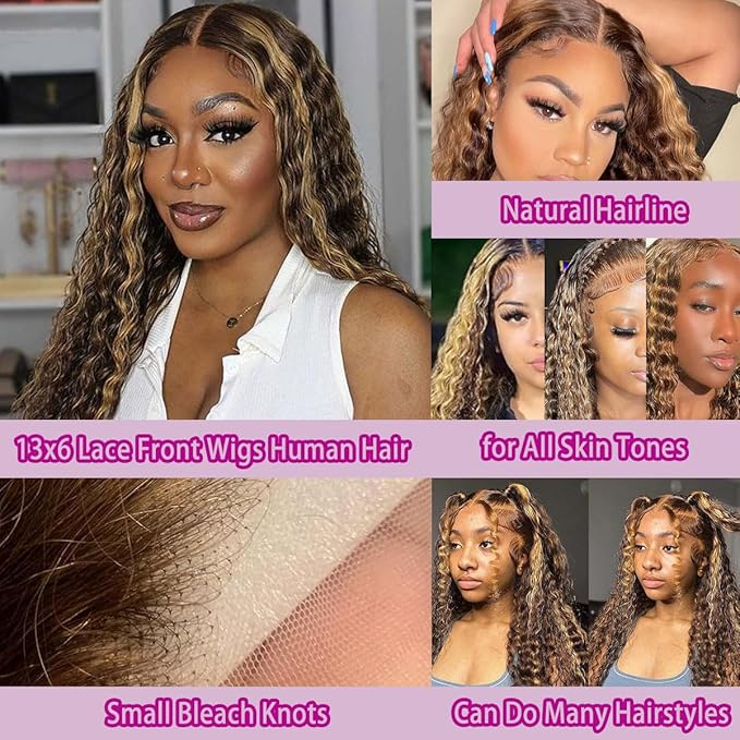 13x6 Highlight Lace Front Wig Human Hair 4/27 Ombre Deep Wave Lace Front Wigs Pre Plucked with Baby Hair 210% Density Highlight Curly Glueless Wigs 34 Inch