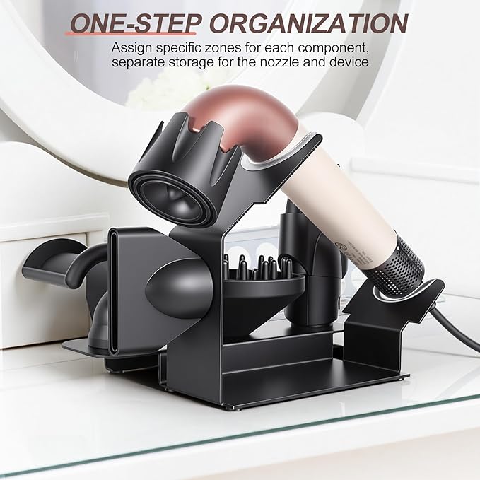 Affogato Hair Dryer Holder Stand Compatible with Dyson Supersonic, Magnetic 4 Holes Countertop Hair Dryer Organizer, Steel Storage Rack for Attachments Diffuser/Nozzles