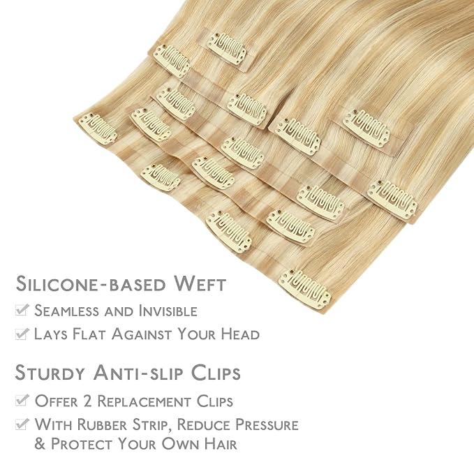 WENNALIFE Seamless Clip In Hair Extensions, 14 Inch 7pcs 130g Light Blonde Highlighted Golden Blonde Hair Extensions Clip In Real Human Hair Extensions Invisible PU Weft Human
